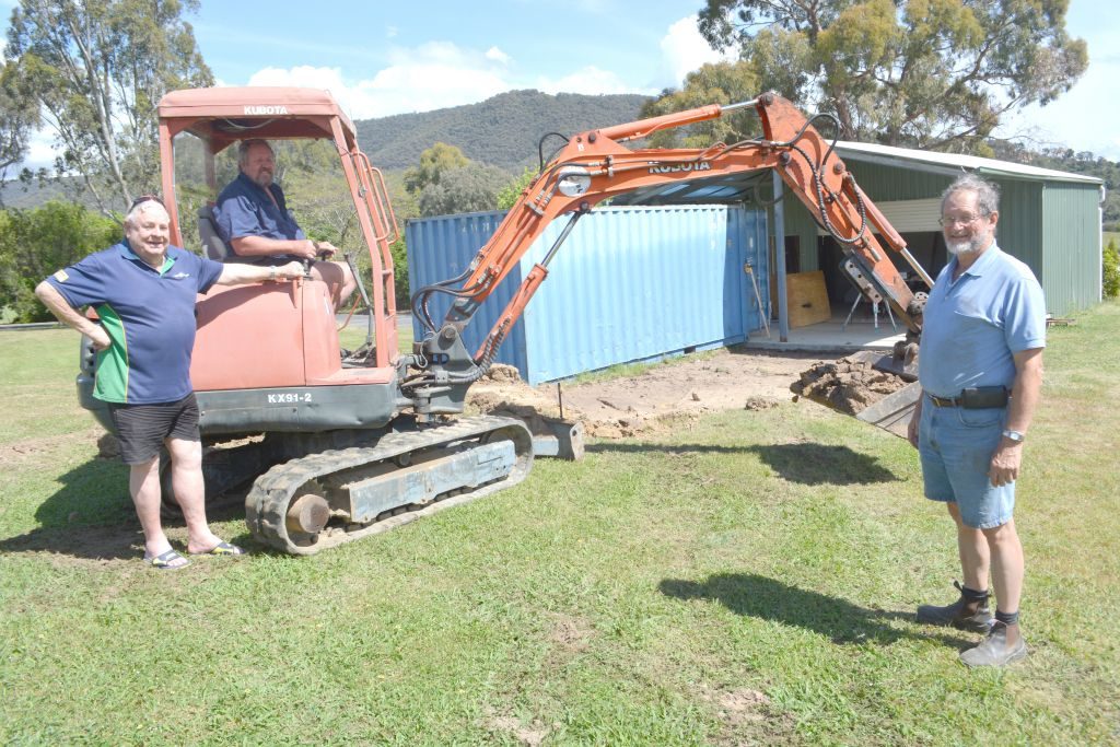 Talbingo Men’s Shed members Bob Quarmby and Allan Leggett at the site of the extension funded by a Snowy Valleys Council Stronger Communities grant.